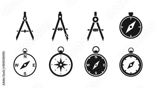 collection of navigation tools compasses and drafting compasses black icons on white background
