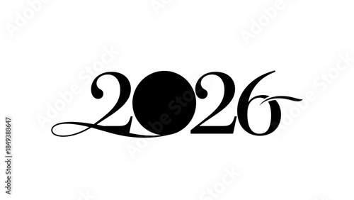Elegant black typographic design of the year 2026 with artistic flourishes and a circular element