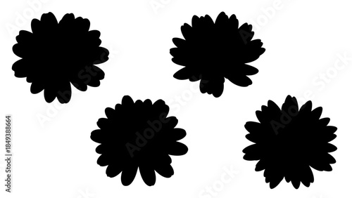 Four black flower silhouettes scattered across a white background for design elements