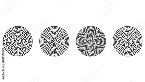Four Circular Labyrinth Mazes Graphic Designs on White Background Vector Illustration