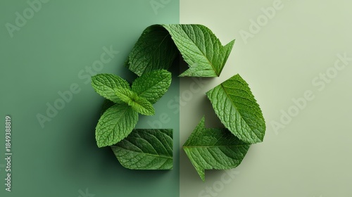 Eco-Friendly Recycle Symbol Crafted from Fresh Green Mint Leaves on Two-Tone Background.