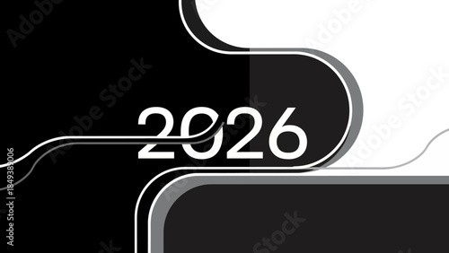 modern abstract black and white design with the number 2026 central to the composition