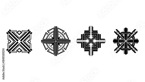 Set of Four Abstract Geometric Symbols and Emblems in Black and White