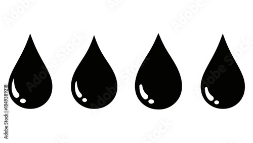 Set of Four Black Water Droplets with Highlights on White Background