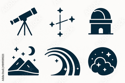 Argentinian Astronomy and Stargazing Icon Set with Telescope, Constellations and Observatory in Flat Vector