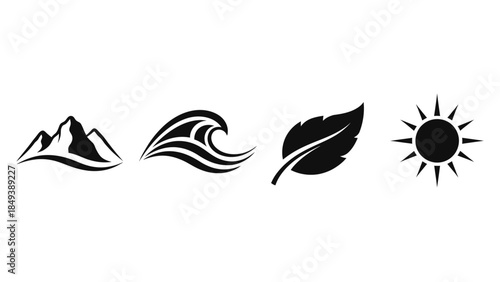 Set of four minimalist icons representing nature: mountains wave leaf and sun