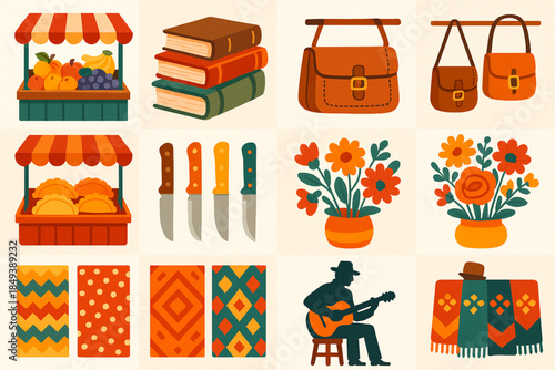 Argentinian Street Market Icon Grid with Fruits, Empanadas and Artisan Goods in Flat Vector