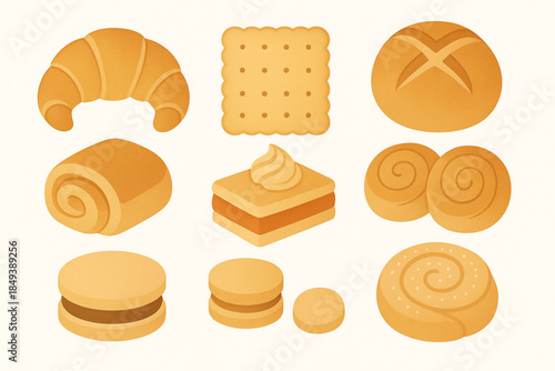 Argentinian Baked Goods Icon Set with Medialunas, Alfajores and Sweet Rolls in Flat Vector