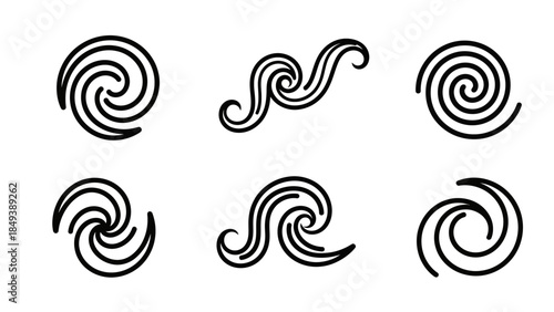 Set of stylized black and white spiral and wave graphic elements on a white background