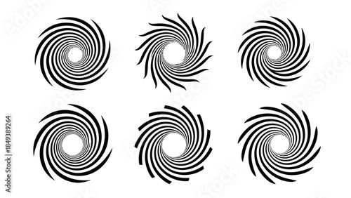 Set of six black and white vortex spiral graphic design elements on a white background