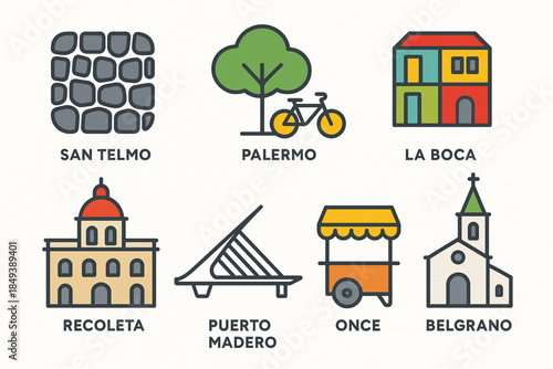 Buenos Aires Neighborhood Icon Set with San Telmo, Palermo and La Boca in Flat Vector