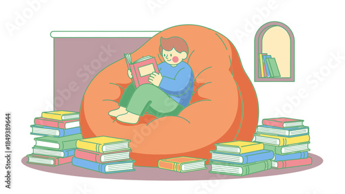 Cozy reading scene A person relaxes on a comfortable beanbag chair, engrossed in a book surrounded by stacks of literature
