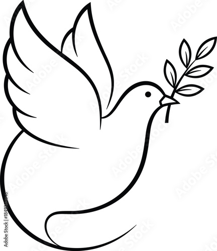 Elegant line art illustration of a flying peace dove holding an olive branch in its beak, a universal symbol of peace, hope, freedom, and reconciliation for graphic design projects,