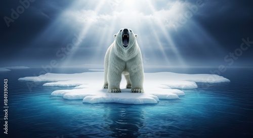 Polar bear roaring aggressively standing on an ice floe in the dark arctic ocean