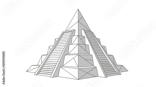 Wireframe drawing of a stepped tiered pyramid structure with central stairs