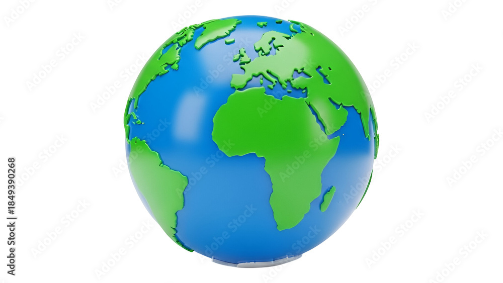 Naklejka premium 3D Stylized Earth Globe with Green Continents and Blue Oceans, Isolated on Transparent Background