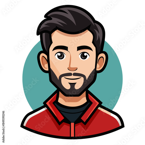 Smiling man with beard and stylish haircut in red jacket