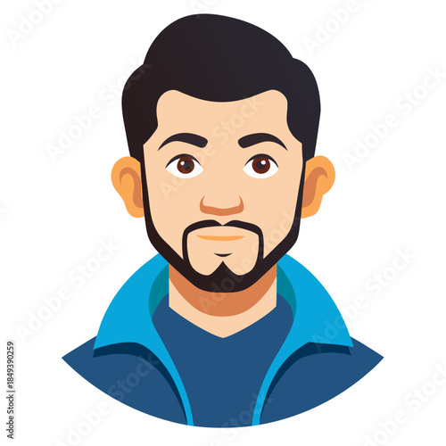 Smiling young man with beard and mustache in blue hoodie