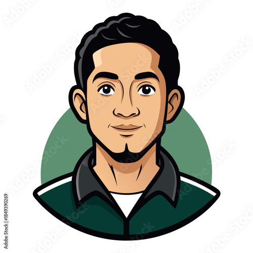 Smiling young man with short black hair and green jacket