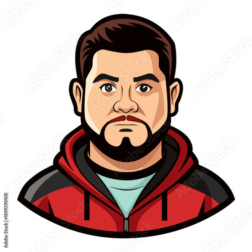 Cartoon man with beard and red hoodie looking forward