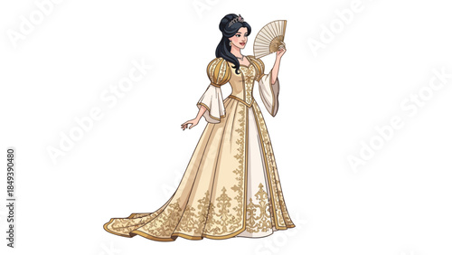 Woman in an elaborate gold and cream historical gown holding a fan