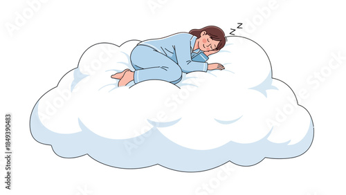 Woman sleeping soundly curled up on a fluffy white cloud