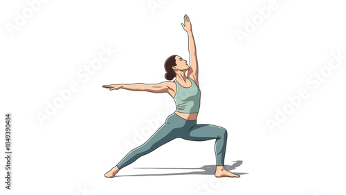 Woman performing yoga Warrior I pose with arms raised pixel art style
