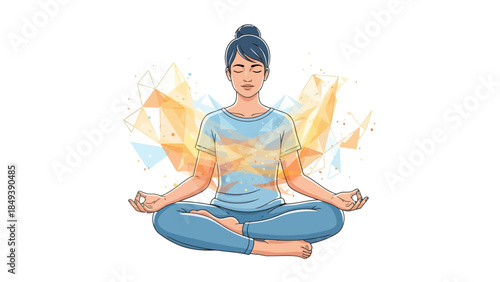 Woman meditating in lotus position with orange and blue abstract energy aura