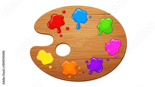 Wooden artists palette with splatters of red blue green yellow orange magenta and purple paint