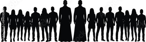 Large group of people silhouettes standing in row, diverse men and women crowd community concept isolated on white background illustration