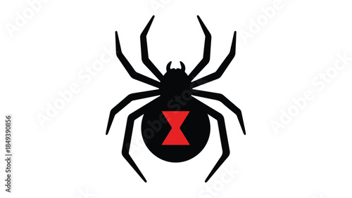 Black Widow Spider with Red Hourglass Mark on White Background.
