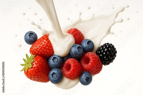 Creamy Yogurt Pouring Over Fresh Berries – Healthy Breakfast Concept