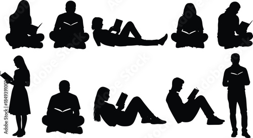 People reading book silhouettes collection, men and women studying, learning and relaxing poses, education knowledge concept isolated on white background