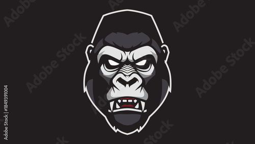 Fierce Gorilla Head Illustration with Intense Stare and Bared Teeth on Black Background