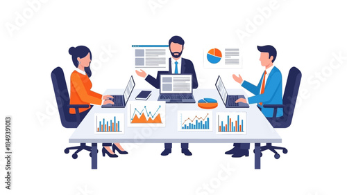 Business meeting of three professionals analyzing charts and graphs with laptops on table