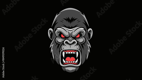 Fierce Gorilla Head Illustration, Aggressive Primate with Red Eyes, Symbolizing Strength and Wildness