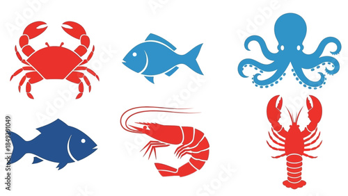 Set of seafood icons including crab, fish, octopus, shrimp, and lobster