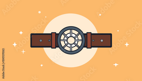 Steampunk inspired brown leather belt with intricate gear buckle design. Vintage mechanical accessory illustration on an orange background