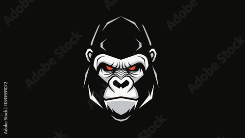 Powerful Gorilla Head Emblem with Intense Red Eyes on Black Background - Fierce Wildlife Art