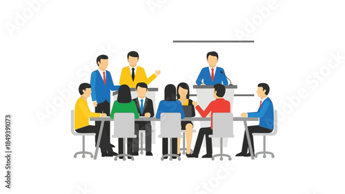 Business Meeting Illustration with People at a Conference Table Discussing Ideas