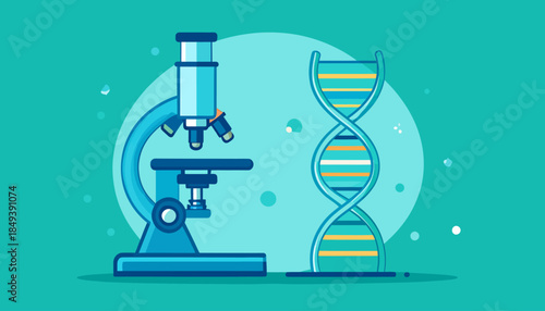 Microscope and DNA double helix structure representing scientific research and biology.