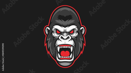 Furious Gorilla Head Illustration with Red Eyes, Roaring Mouth, and White Fur Accent