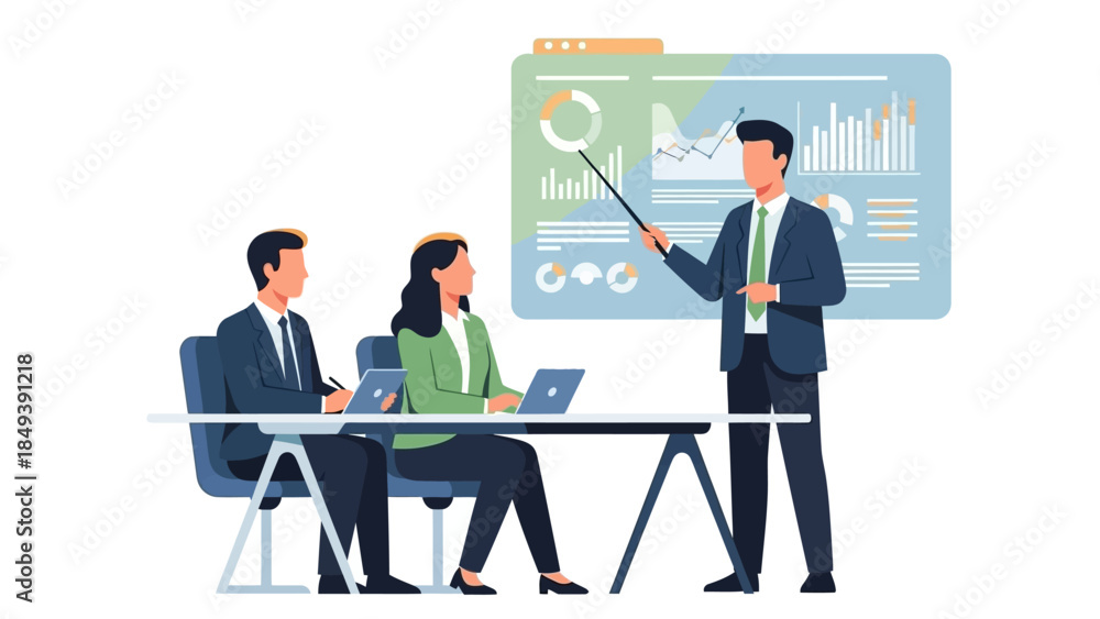 Fototapeta premium Business meeting with data analysis presentation on screen and participants listening