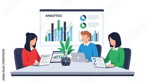 Business meeting with data analytics charts and graphs presented on a screen