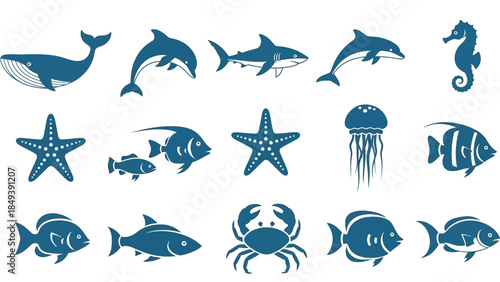 Collection of Marine Life Icons, Featuring a Whale, Dolphin, Shark, Seahorse, Starfish, Jellyfish, and Fish, Ideal for Aquatic and Wildlife Projects