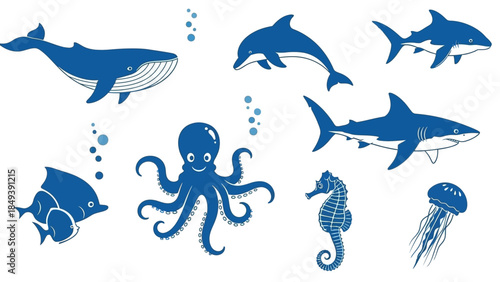 A vibrant collection of marine life including a whale, dolphins, sharks, octopus, seahorse, jellyfish, and fish, illustrating underwater biodiversity and aquatic ecosystems