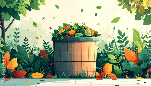 A wooden compost bin overflowing with colorful autumn leaves in a vibrant garden setting.