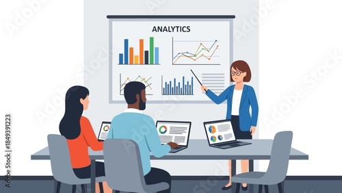 Business analytics presentation with team discussing data charts and graphs on a whiteboard and laptops