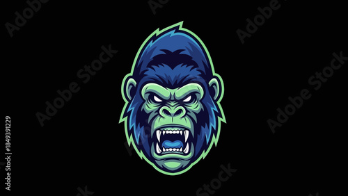 Fierce Green Eyed Gorilla Face Logo with Sharp Teeth and Menacing Grin