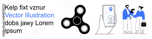 Business, digital tools, negotiation, technology, interaction, abstract designs. Hand holding phone with location pin, business discussion fidget spinner. Digital tools and negotiation concepts